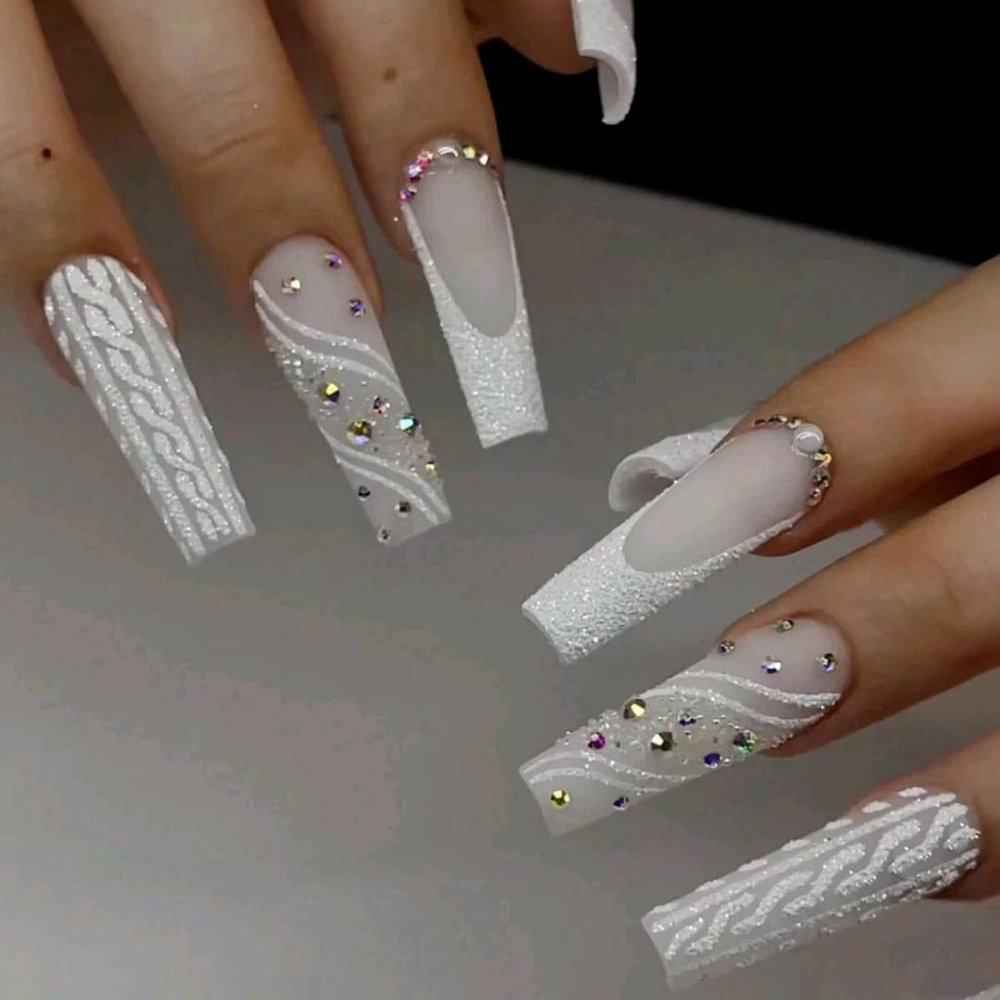 Elevate Your Look With 24 Pcs Long Coffin-Shaped Press On Nails White sh